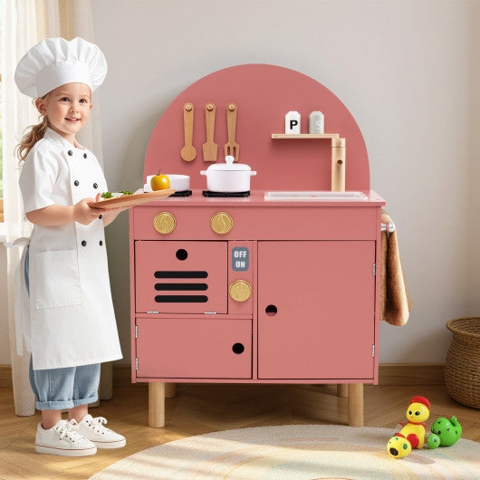 Play Kitchen for Kids Wooden Kitchen Playset with Stoves Faucet Sink Microwave and Oven-Pink