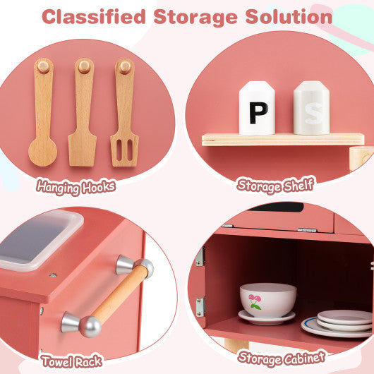 Play Kitchen for Kids Wooden Kitchen Playset with Stoves Faucet Sink Microwave and Oven-Pink