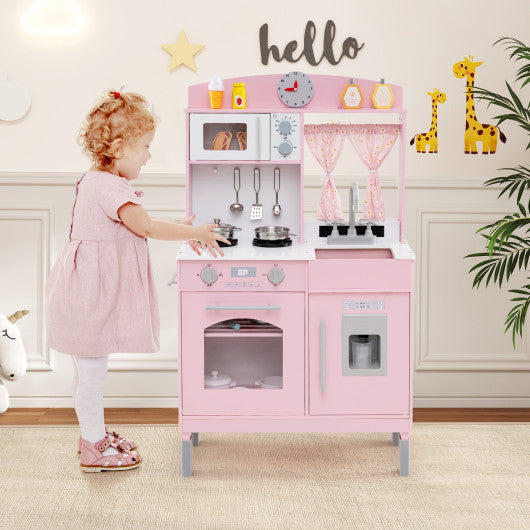 Play Kitchen for Kids Wooden Chef Pretend Playset with 3 Adjustable Heights Microwave-Pink