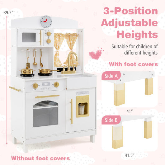 Play Kitchen for Kids Wooden Chef Pretend Playset with 3 Adjustable Heights Microwave-Gold