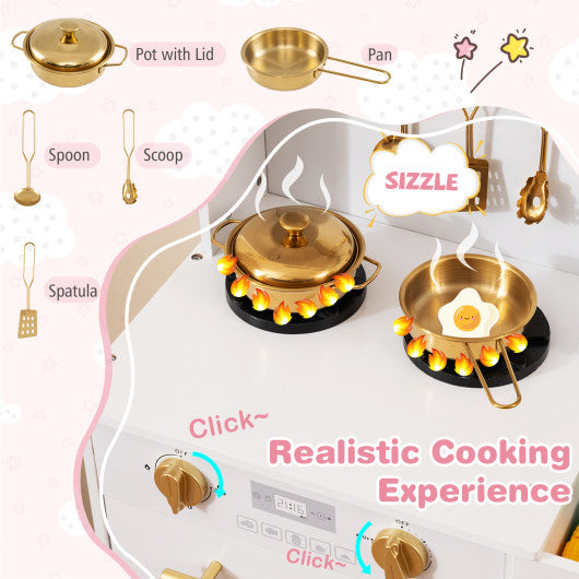 Play Kitchen for Kids Wooden Chef Pretend Playset with 3 Adjustable Heights Microwave-Gold