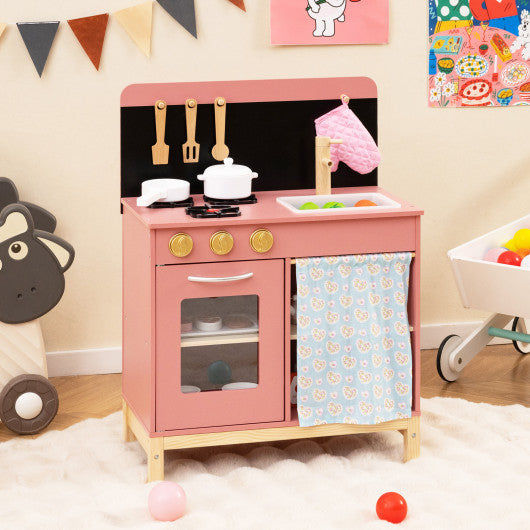 Play Kitchen for Kids Wooden Kitchen Playset with Door Curtain-Pink