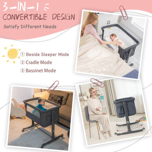 Portable Baby Bedside Bassinet with 5-level Adjustable Heights and Travel Bag-Gray