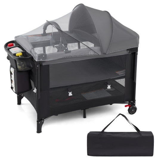 Foldable Baby Bassinet with 4 Adjustable Heights Changing Table and Mattress-Gray