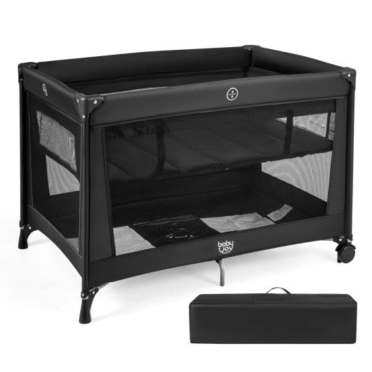 Portable Baby Playard Folding Travel Crib for Infants with Soft Mattress-Black