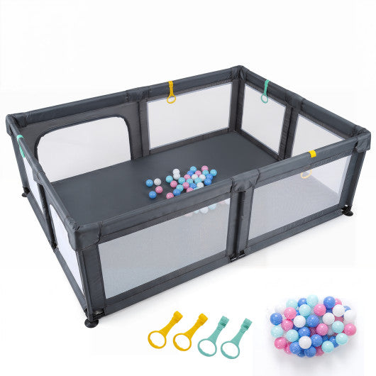 Portable Baby Playpen with 50 Ocean Balls Breathable Mesh and Safe Zippered Doors-Gray