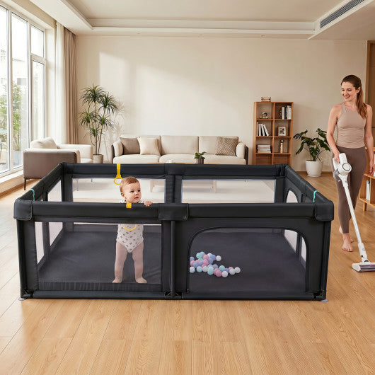 Portable Baby Playpen with 50 Ocean Balls Breathable Mesh and Safe Zippered Doors-Black
