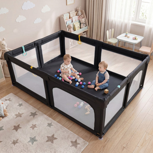 Portable Baby Playpen with 50 Ocean Balls Breathable Mesh and Safe Zippered Doors-Black