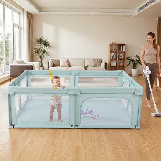 Portable Baby Playpen with 50 Ocean Balls Breathable Mesh and Safe Zippered Doors-Blue