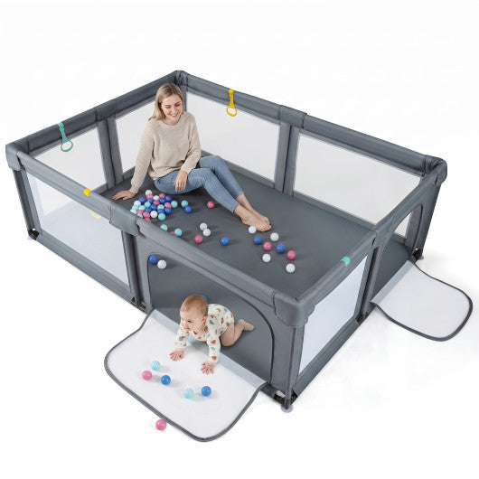 Portable Baby Playpen with 50 Ocean Balls Breathable Mesh and Safe Zippered Doors-Gray