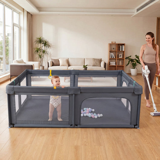 Portable Baby Playpen with 50 Ocean Balls Breathable Mesh and Safe Zippered Doors-Gray
