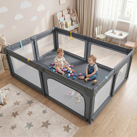 Portable Baby Playpen with 50 Ocean Balls Breathable Mesh and Safe Zippered Doors-Gray