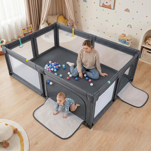 Portable Baby Playpen with 50 Ocean Balls Breathable Mesh and Safe Zippered Doors-Gray