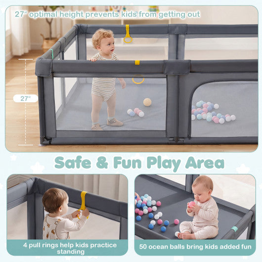 Portable Baby Playpen with 50 Ocean Balls Breathable Mesh and Safe Zippered Doors-Gray