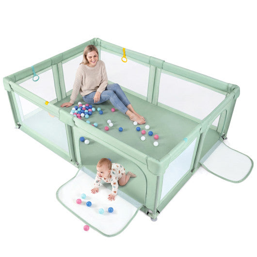 Portable Baby Playpen with 50 Ocean Balls Breathable Mesh and Safe Zippered Doors-Green