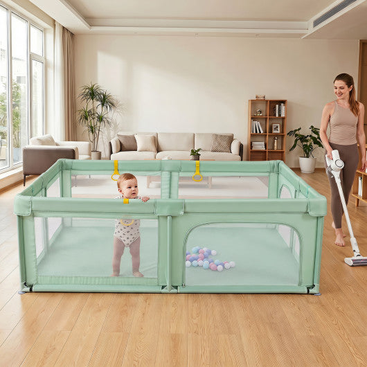 Portable Baby Playpen with 50 Ocean Balls Breathable Mesh and Safe Zippered Doors-Green
