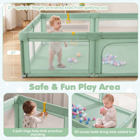 Portable Baby Playpen with 50 Ocean Balls Breathable Mesh and Safe Zippered Doors-Green