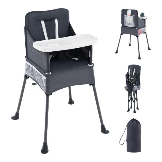 Portable High Chair for Travel Foldable with Adjustable Tray and Mesh Pockets-Gray