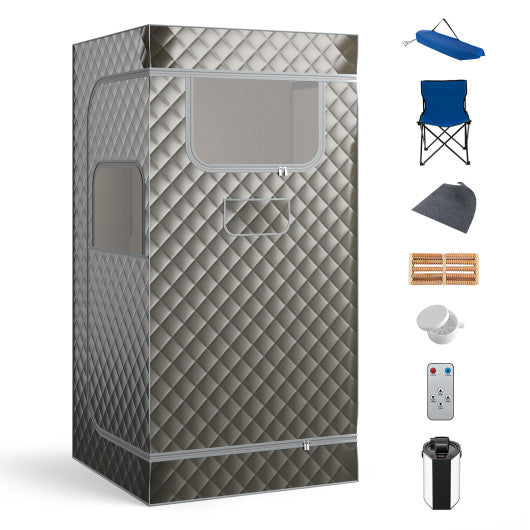 Portable Steam Sauna with 3L Steam Generator Remote Control Wood Foot Massager and Foldable Chair for Home-Gray