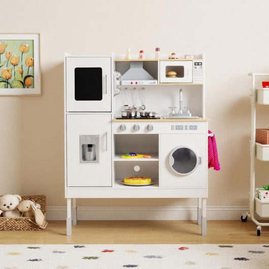 Pretend Play Kitchen Toy Kitchen Playset with Range Hood Ice Maker and Telephone-White