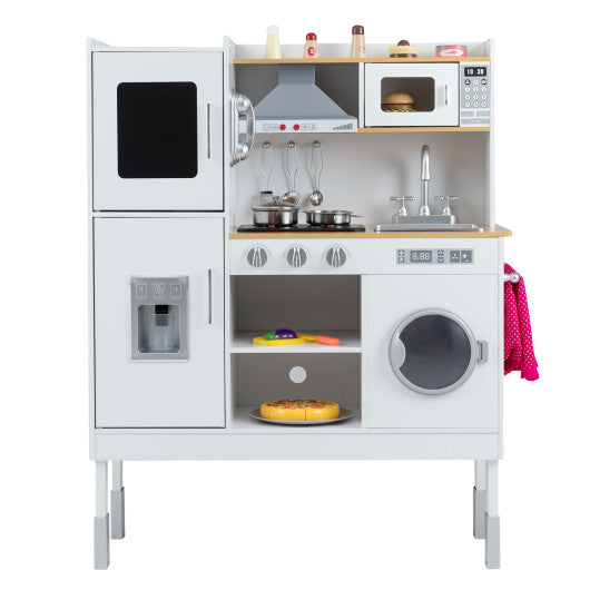 Pretend Play Kitchen Toy Kitchen Playset with Range Hood Ice Maker and Telephone-White