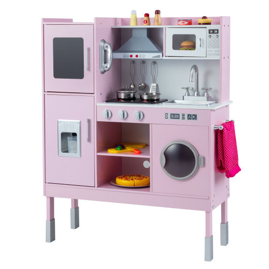 Pretend Play Kitchen Toy Kitchen Playset with Range Hood Ice Maker and Telephone-Pink