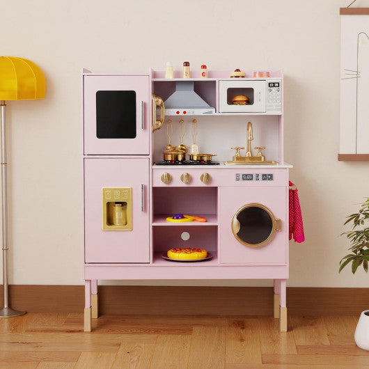 Pretend Play Kitchen Toy Kitchen Playset with Range Hood Ice Maker and Telephone-Light Pink