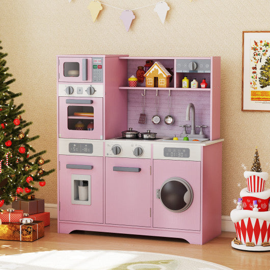 Pretend Play Kitchen Wooden Toy Set Kitchen Accessory Playset with Real Lights Sounds-Pink