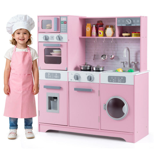 Pretend Play Kitchen Wooden Toy Set Kitchen Accessory Playset with Real Lights Sounds-Pink