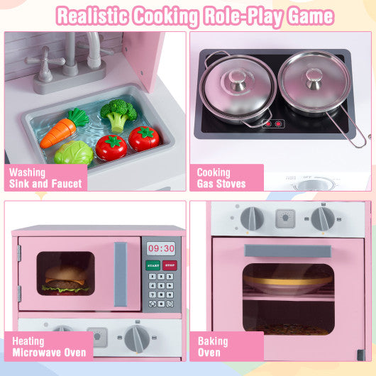 Pretend Play Kitchen Wooden Toy Set Kitchen Accessory Playset with Real Lights Sounds-Pink