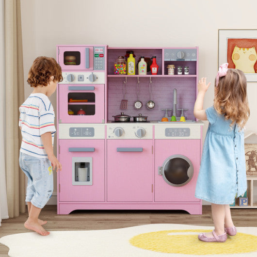 Pretend Play Kitchen Wooden Toy Set Kitchen Accessory Playset with Real Lights Sounds-Pink