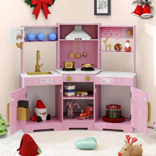 Pretend Play Kitchen Wooden Toy Set with Range Hood Real Sounds and Lights-Pink