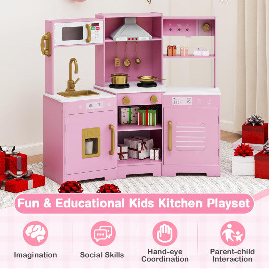 Pretend Play Kitchen Wooden Toy Set with Range Hood Real Sounds and Lights-Pink