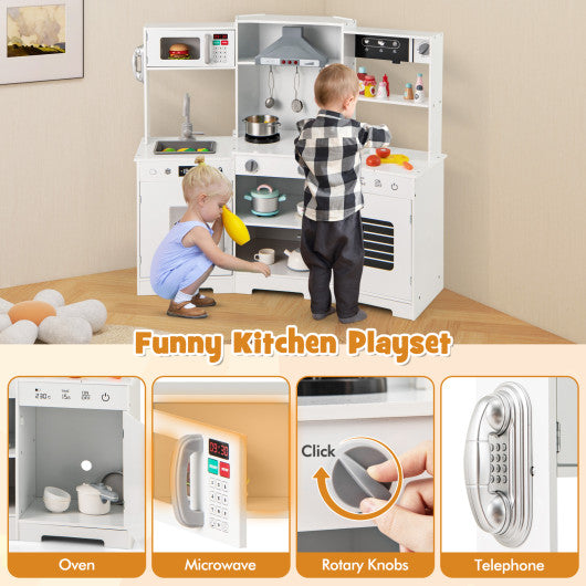Pretend Play Kitchen Wooden Toy Set with Range Hood Real Sounds and Lights-White