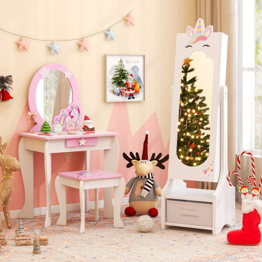 Kids Princess Vanity Table and Stool Set with Jewelry Cabinet and Mirror Drawer-White