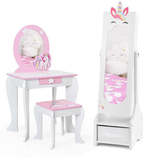 Kids Princess Vanity Table and Stool Set with Jewelry Cabinet and Mirror Drawer-White
