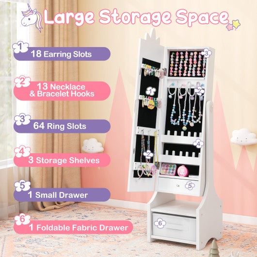 Kids Princess Vanity Table and Stool Set with Jewelry Cabinet and Mirror Drawer-White