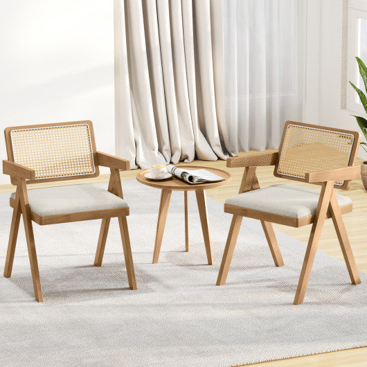 Set of 2 Rattan Accent Chairs with Padded Cushion and Rubber Wood Frame-Beige