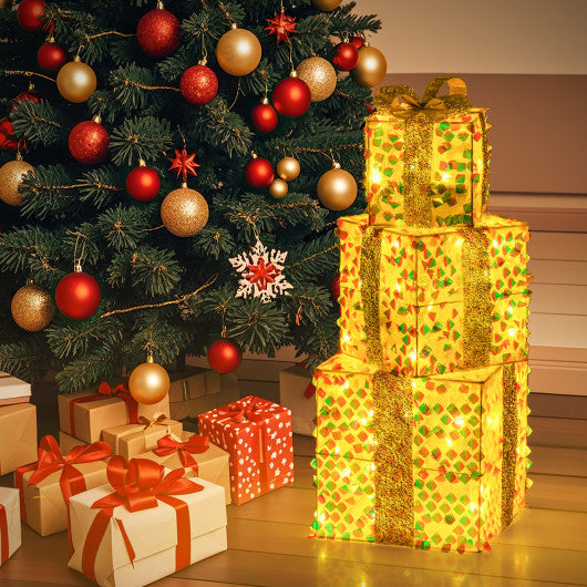 Set of 3 Christmas Lighted Gift Boxes with Pre-lit 90 LED Light and Bows