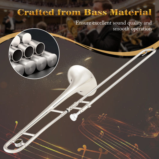 Slide Trombone for Beginners with Portable Case and Shoulder Strap-Silver