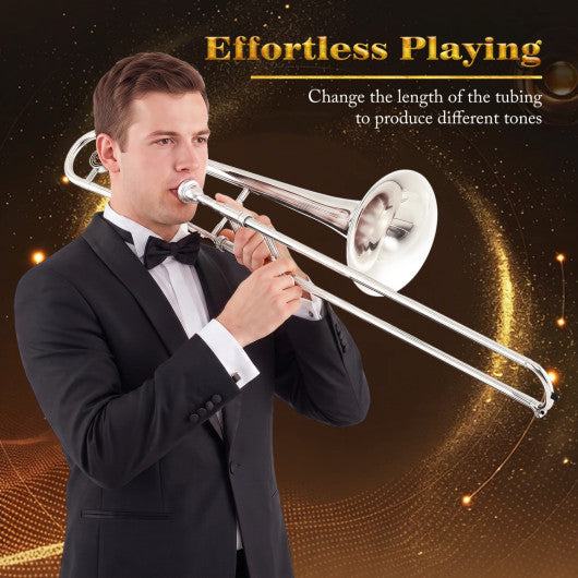 Slide Trombone for Beginners with Portable Case and Shoulder Strap-Silver