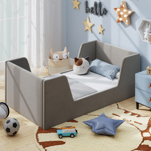 Soft Velvet Fabric Toddler Bed Frame with Safety Rails-Gray