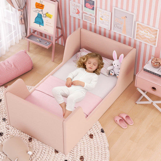 Soft Velvet Fabric Toddler Bed Frame with Safety Rails-Pink