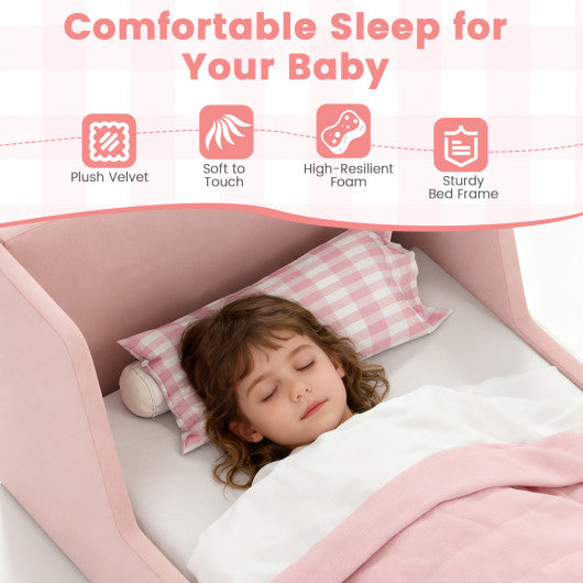Soft Velvet Fabric Toddler Bed Frame with Safety Rails-Pink