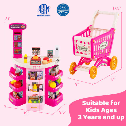 Supermarket Playset for Kids 76 PCS Pretend Play Grocery Store Set with Shopping Cart-Pink