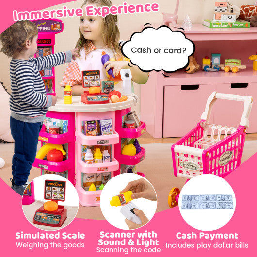 Supermarket Playset for Kids 76 PCS Pretend Play Grocery Store Set with Shopping Cart-Pink