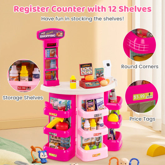 Supermarket Playset for Kids 76 PCS Pretend Play Grocery Store Set with Shopping Cart-Pink