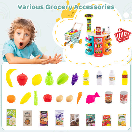 Supermarket Playset for Kids 76 PCS Pretend Play Grocery Store Set with Shopping Cart-Blue