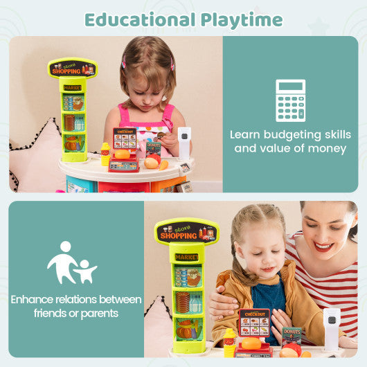 Supermarket Playset for Kids 76 PCS Pretend Play Grocery Store Set with Shopping Cart-Blue