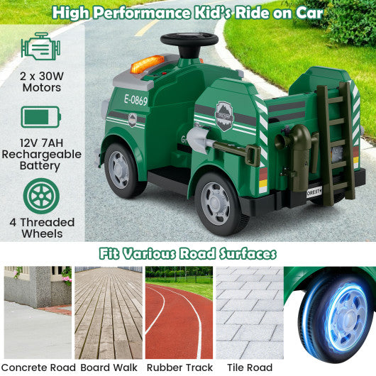 12V Toddler Fire Toy Car with Shovel and Wrench for Ages 37-95 Months-Green